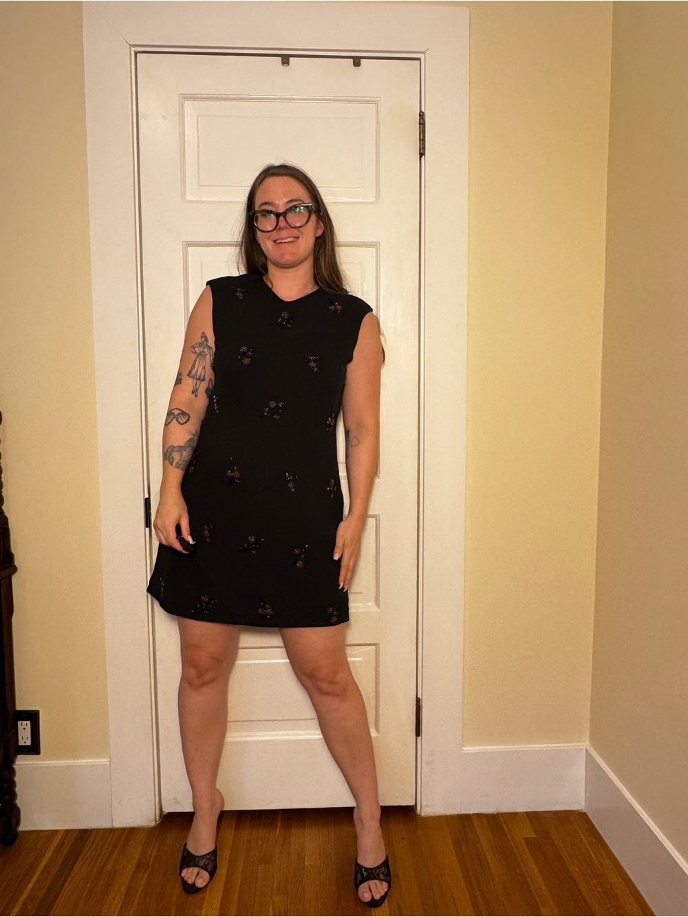 90s Vintage Evan Picone Beaded Black A Line Mini Dress Sz L